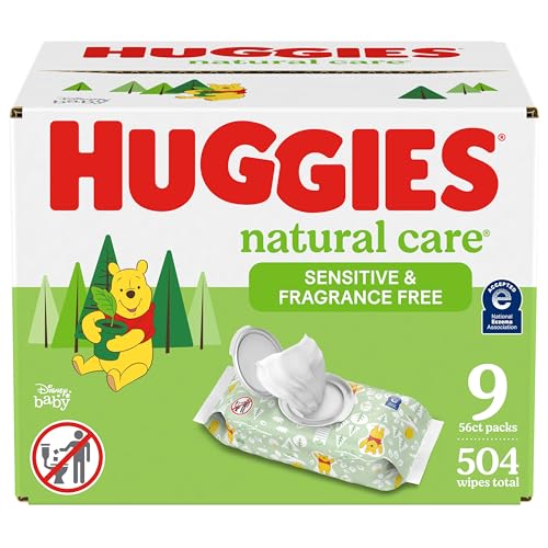 Huggies Natural Care Sensitive Baby Wipes, Unscented, Hypoallergenic, 99% Purified Water, 9 Flip-Top Packs (3 packs of 3), 504 Total Wipes (56 Wipes per pack), Packaging May Vary