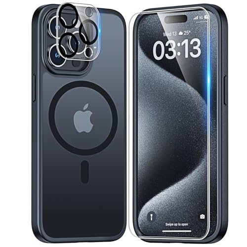 TAURI 5 in 1 Magnetic for iPhone 15 Pro Case Frosted Black, [Designed for Magsafe] with 2X Screen Protectors +2X Camera Lens Protectors, Shockproof Slim Matte Case for iPhone 15 Pro, 6.1"