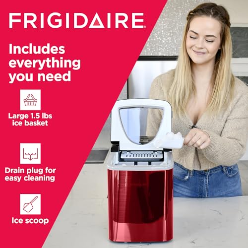 Frigidaire Compact Countertop Ice Maker, 26lbs of Ice per day, Red Stainless