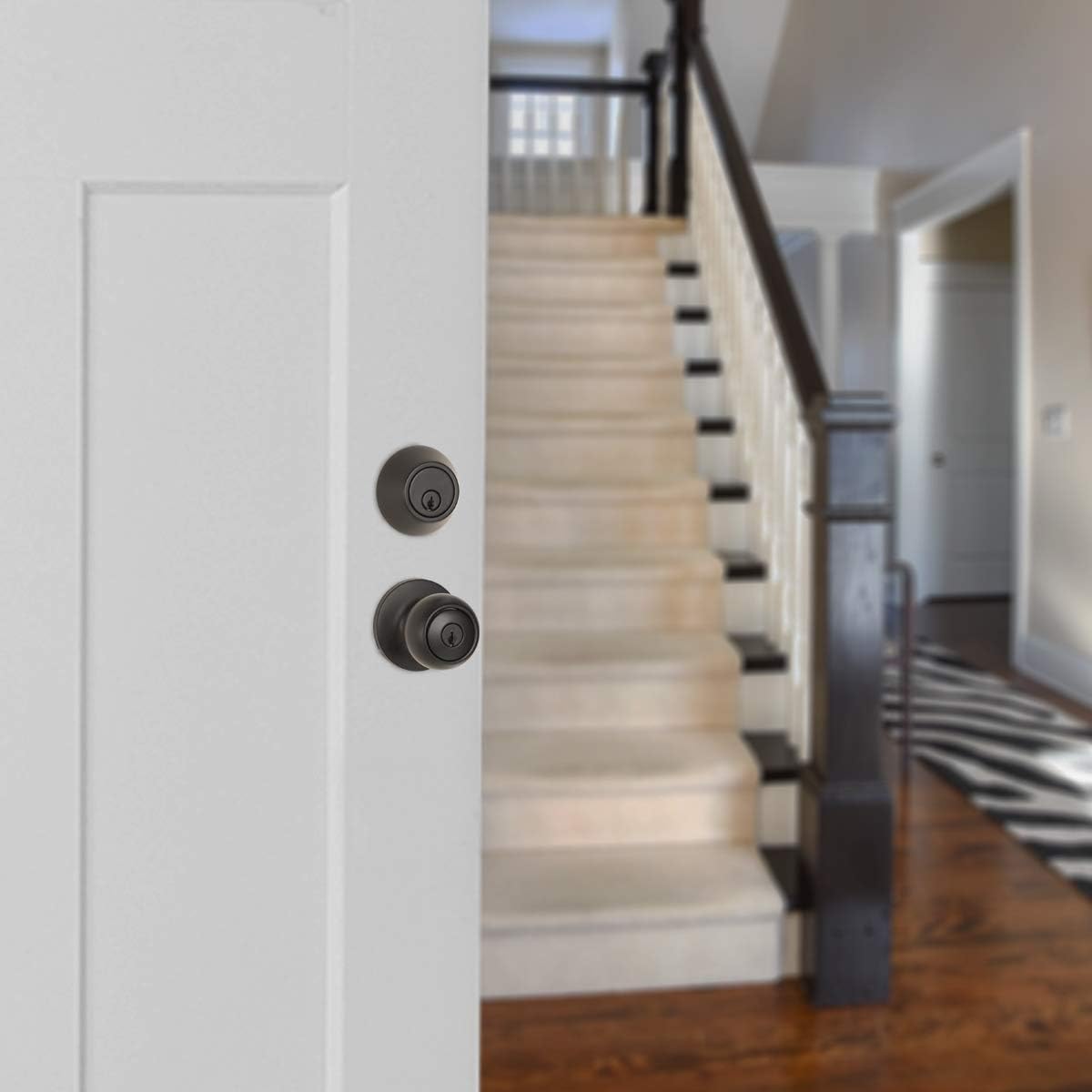 Amazon Basics Exterior Door Knob with Key Lock and Deadbolt, Keyed Alike, Coastal, Matte Black