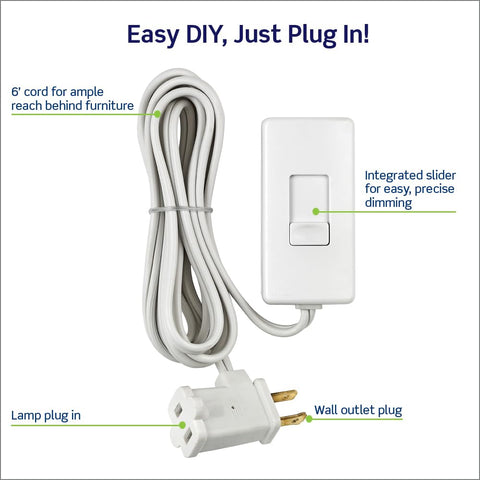 Leviton Table Top Plug in Lamp Dimmer for Dimmable LED, Halogen and Incandescent Bulbs, TBL03-10W, White