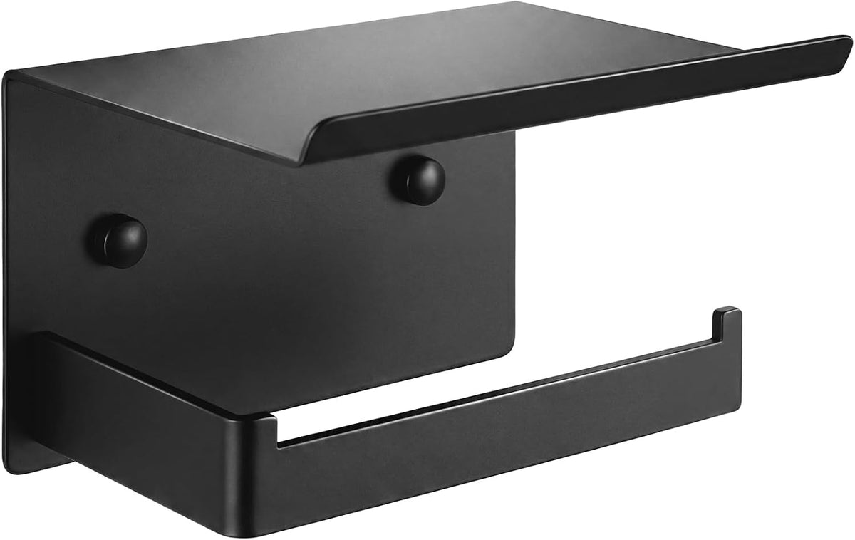 Adhesive Wall Mount Toilet Paper Holder with Shelf, Matte Black