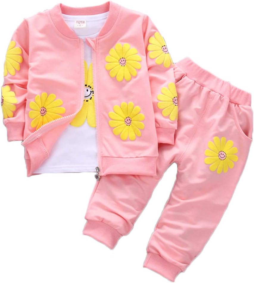 Yao 1-5Years Toddler&Little Girls Flowers Print 3 Piece Sets T Shirt Vest and Pants