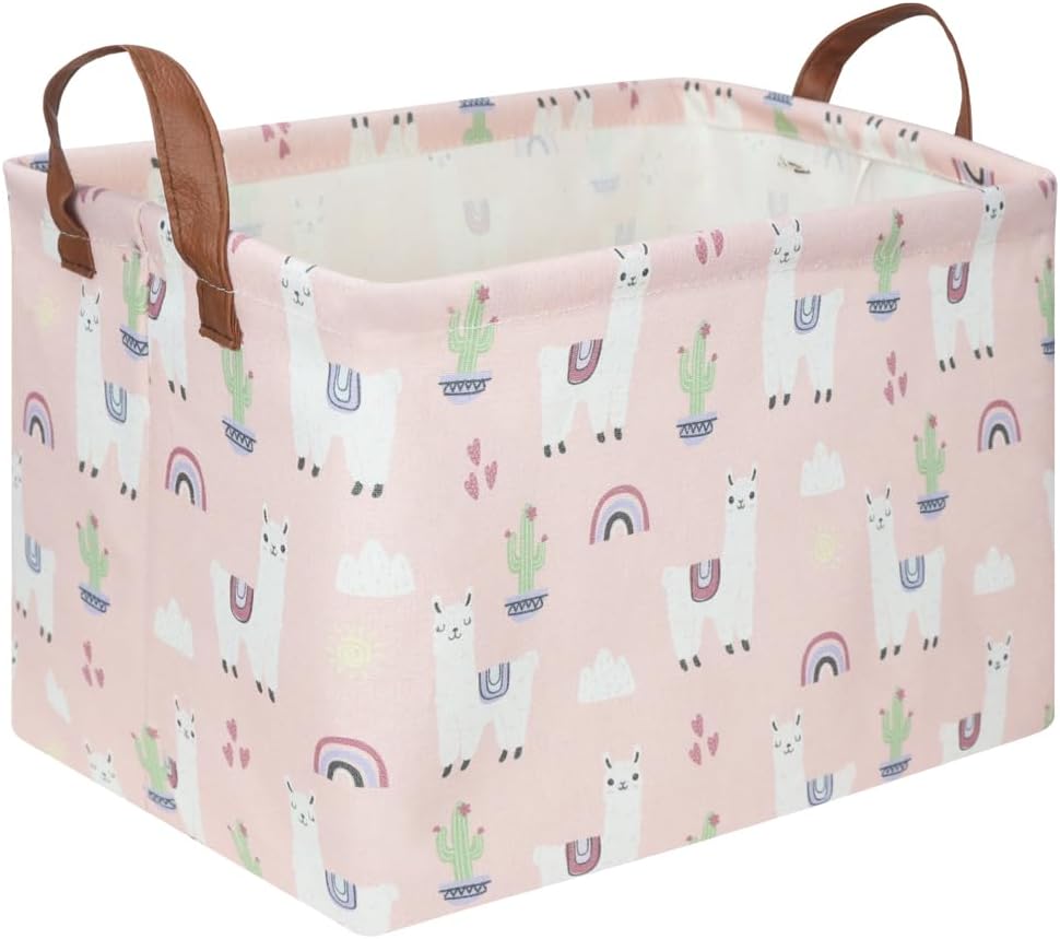 FXOLCSHE Rectangular Pink Alpaca Basket,Collapsible waterproof nursery laundry basket,Toy nursery, kids clothes gift basket with handles,Kids Room Decor(Alpaca)