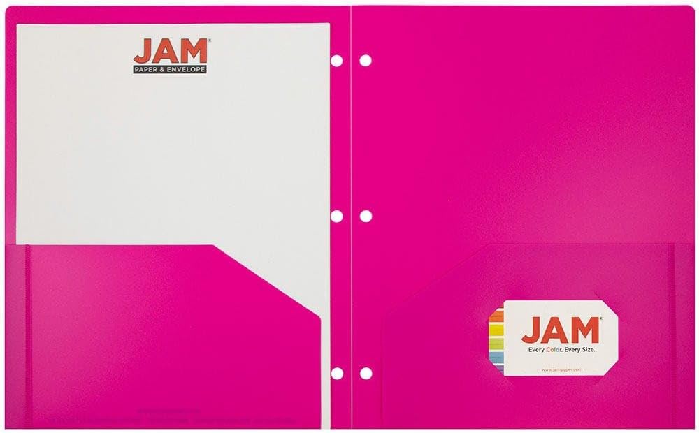 JAM PAPER Heavy Duty Plastic 3 Hole Punch Pocket Folders - Extra Tough School Folders - Fuchsia Hot Pink - 12/Pack