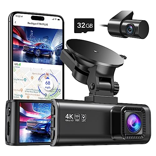 REDTIGER Dash Cam Front Rear, 4K/2.5K Full HD Dash Camera for Cars, Free 32GB Card, Built-in Wi-Fi GPS, 3.16” IPS Screen, Night Vision, 170°Wide Angle, WDR, 24H Parking Mode