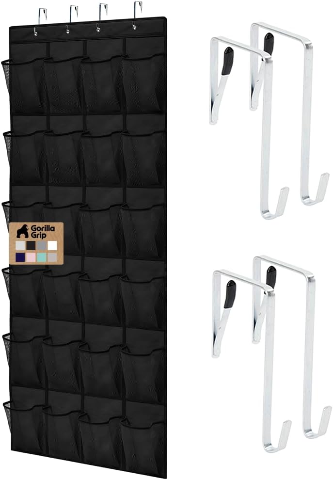 GORILLA GRIP Over the Door Shoe Organizer, 24 Large Pockets, Black