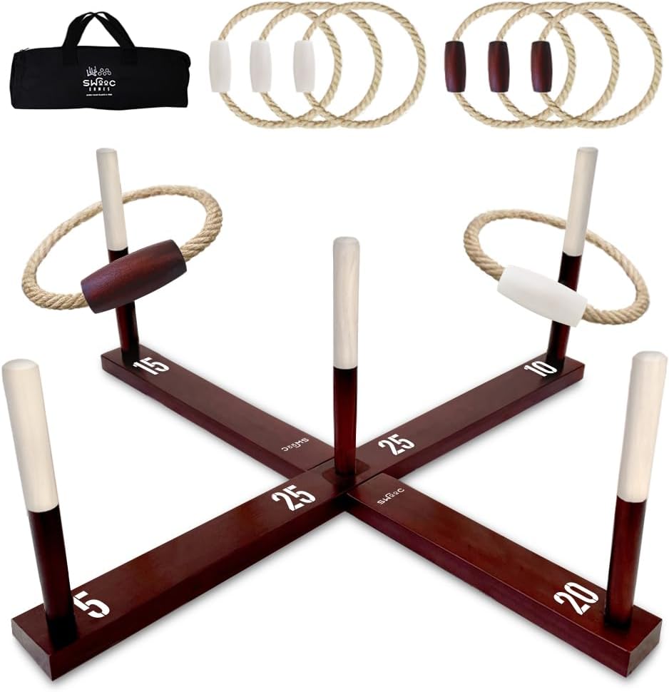 Swooc Games - Rustic Ring Toss Game (All Weather) - Easy Setup & Extra Games Included - Ring Toss Game for Adults - Outdoor Activities for Adults - Yard Toys for Kids - Backyard Fun - Outdoor Party