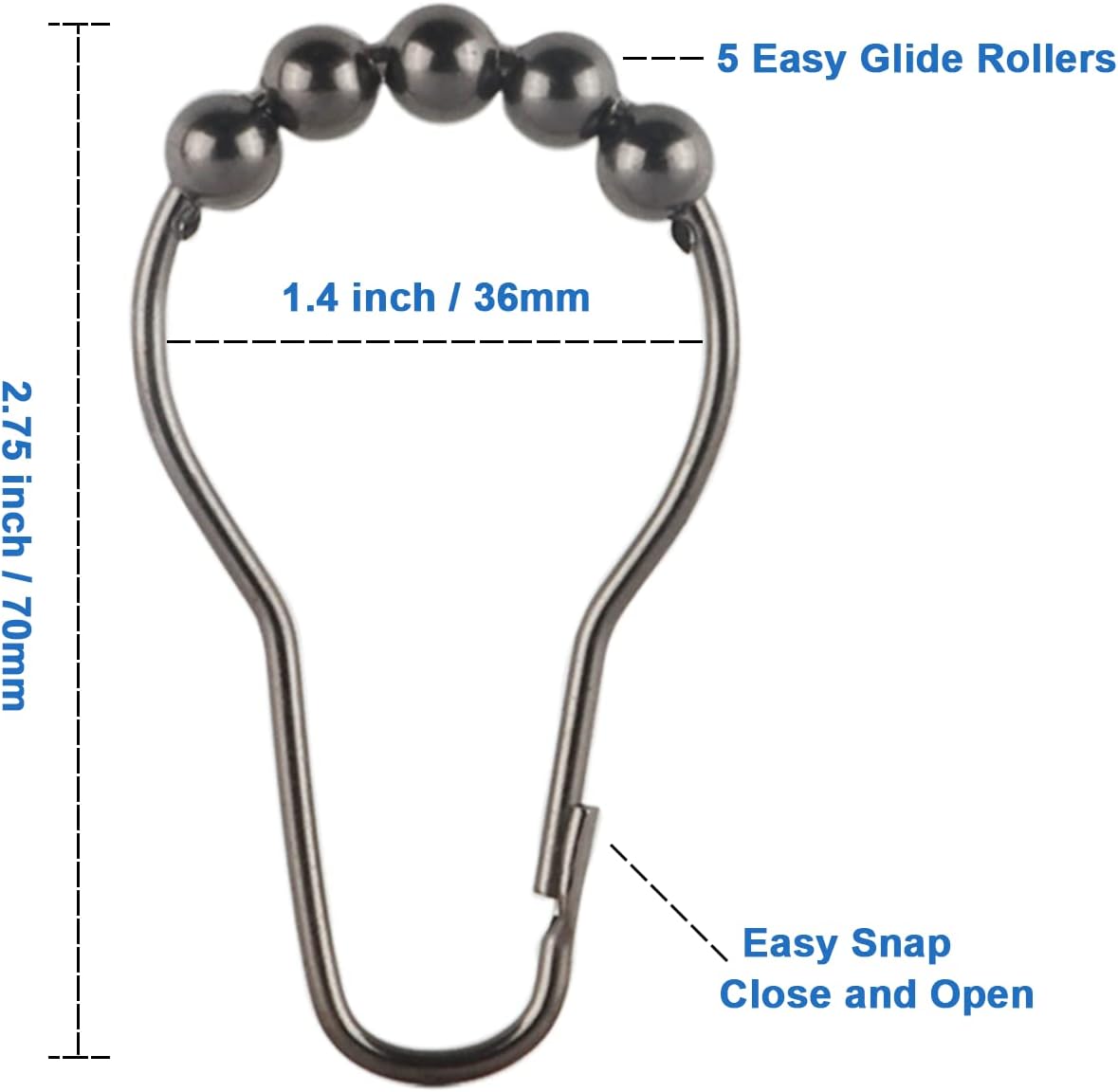 Shower Curtain Hooks Rings, Rustproof Metal Shower Curtain Rings for Bathroom Shower Rods Curtains - Set of 12, Black Nickel