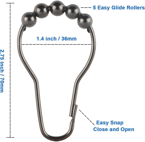 Shower Curtain Hooks Rings, Rustproof Metal Shower Curtain Rings for Bathroom Shower Rods Curtains - Set of 12, Black Nickel