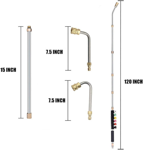 Selkie 120inch Stainless Steel Pressure Washer Extension Wand Power Washer Lance with Spray Nozzle Tips,30°,90°Curved Rod, 1/4’’Quick Connect, Replacement for Anti-Leaked Ring 4000 PSI…