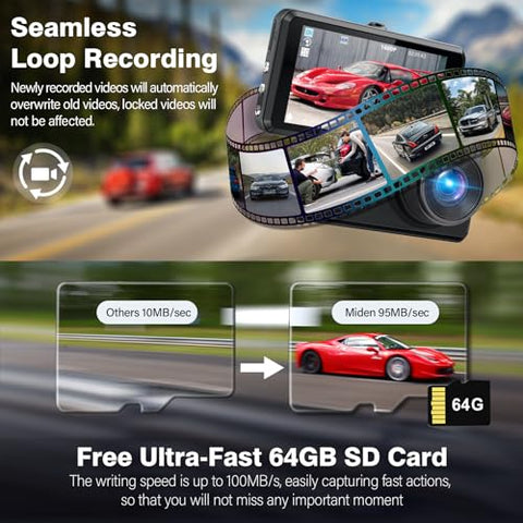Miden S7 2.5K Dash Cam Front and Rear,64G SD Card,1600P+1080P FHD Dual Dash Camera for Cars,176°+160° Wide Angle,3.2'' IPS Screen Dashcam,G-Sensor,Loop Recording,WDR,Night Vision,24H Parking Monitor