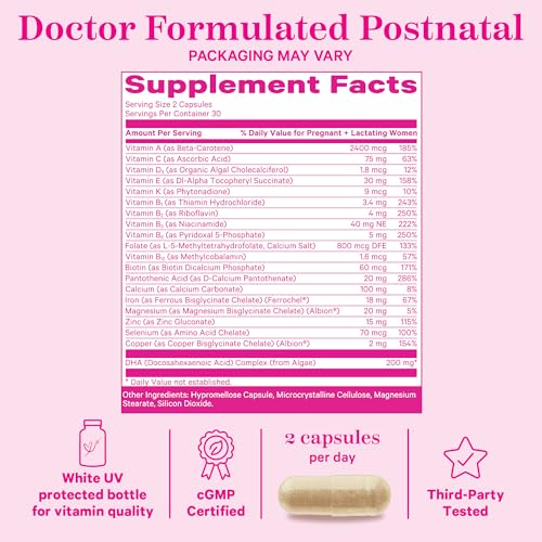 Pink Stork Total Postnatal Vitamins for Women with Vegan DHA, Iron, Folate, and Vitamin B12, Postpartum Recovery Essentials, Daily Supplement for Breastfeeding Moms - 1 Month Supply