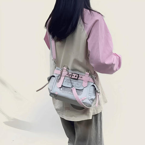RILGOU Y2K Harajuku Kawaii Goth Casual Style Denim Cute Heart and Pink Belt Decor Adjustable Cross-body Shoulder Bag