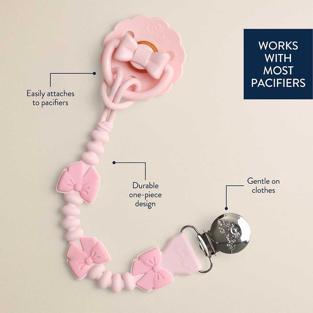 Itzy Ritzy Silicone Pacifier Clip, Binky Clip Holder for Babies (Pink Bows)