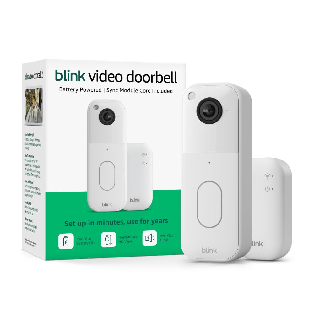 Blink Video Doorbell with 1-year Basic ai plan – Head-to-toe HD view, two-year battery life, and simple setup. Sync Module Core included – System (White)