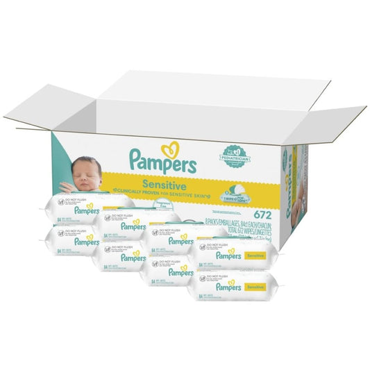 Pampers Sensitive Baby Wipes, Water Based, Hypoallergenic and Unscented, 8 Flip-Top Packs (672 Wipes Total) [Packaging May Vary]