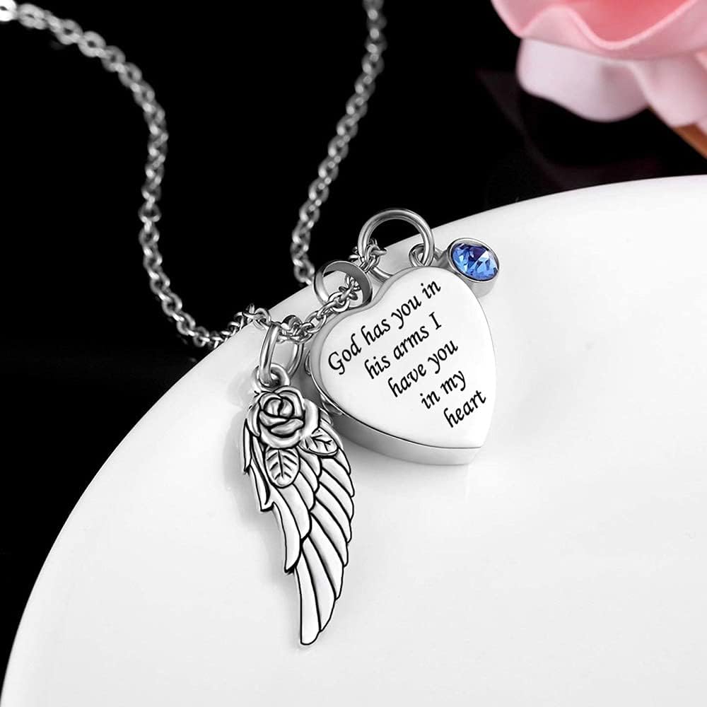 God has You in his arms with Angel Wing Charm Cremation Ashes Jewelry Keepsake Memorial Urn Necklace with Birthstone Crystal