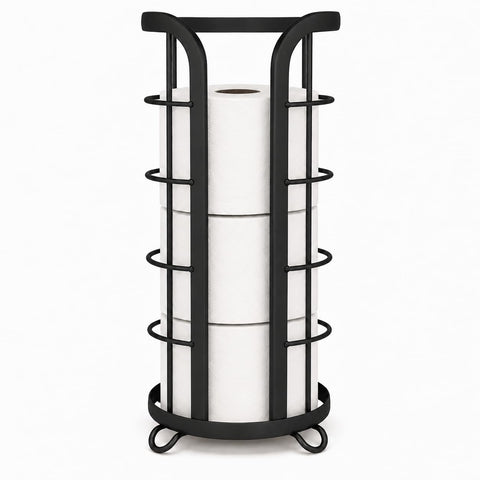 BROOKSTONE Toilet Paper Holder Stand Reserve - Free Standing Toilet Paper Stand with Storage that Holds Mega Rolls, Standing Bathroom Tissue Organizer, Bathroom Decor - Modern Storage Holder, Black