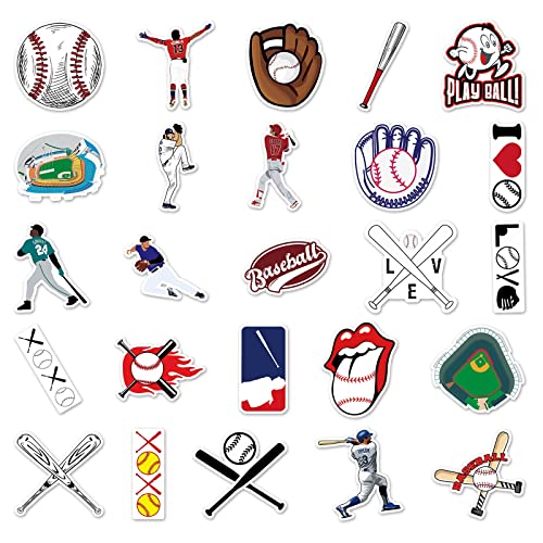 JOICEE 50pcs Baseball Stickers，Waterproof Vinyl Baseball Tattoos for Kids Teens Boys Adults, Sports Decals for Snowboard Laptop Water Bottles Hydro Flasks Phone Guitar Skateboard Computer