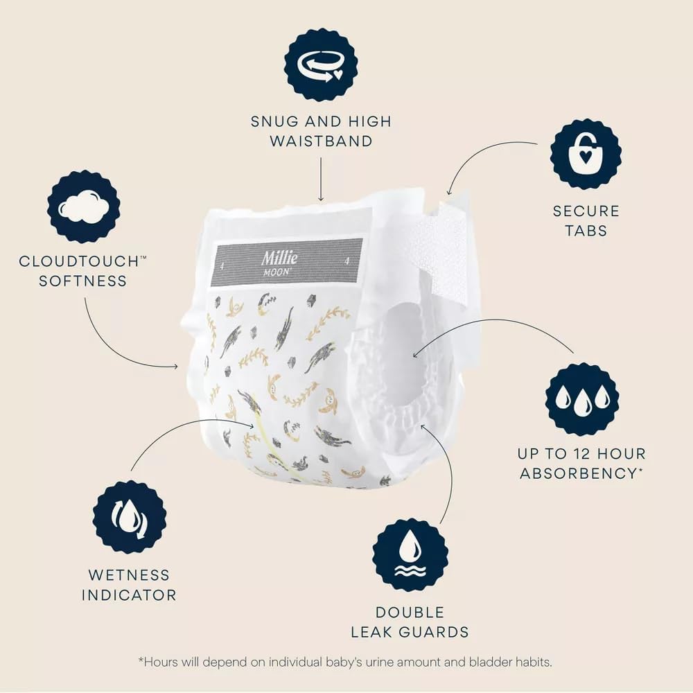 Millie Moon Luxury Diapers, CloudTouch Softness, 12-Hour Leak Protection, Hypoallergenic for Sensitive Skin (1-100ct)