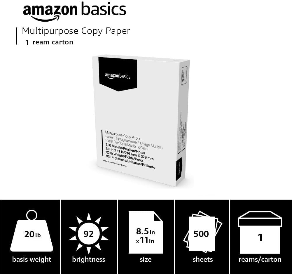 Amazon Basics Multipurpose Copy Printer Paper, 8.5 x 11 Inches, 20 lb, 92 Bright, White, 1 Ream (500 Sheets), Jam-Free