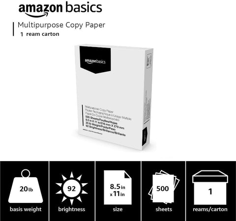 Amazon Basics Multipurpose Copy Printer Paper, 8.5 x 11 Inches, 20 lb, 92 Bright, White, 1 Ream (500 Sheets), Jam-Free
