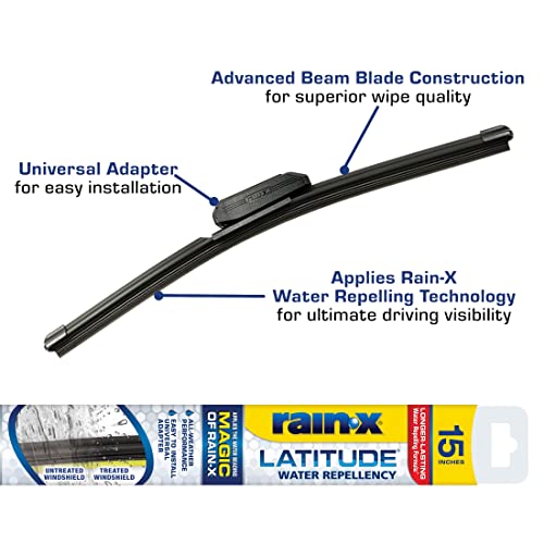 Rain-X 5079273-2 Latitude 2-In-1 Water Repellent Wiper Blades, 15 Inch (Pack Of 1), Automotive Replacement Windshield Wipers With Patented Repellency Formula.