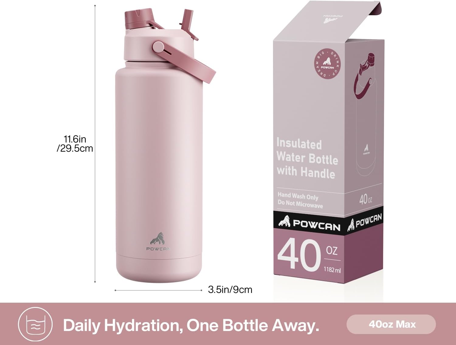 POWCAN 40 oz Insulated Water Bottle with 2-in-1 Straw and Spout Lid, Keep Cold 24H, Leak-Proof, BPA-Free, Double Wall Stainless Steel Water Bottle for Sports, Gym, Travel, and School (Dried Rose)