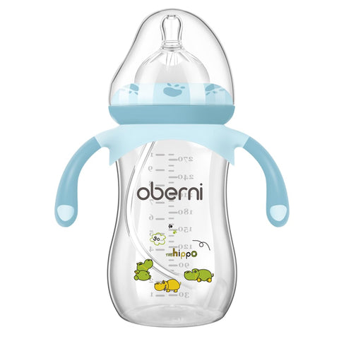 Oberni Baby Bottles, Weighted Straw Toddler Milk Bottles with Non-Slip Handle, Size + Variable Fast Flow, 12+ Months, BPA-Free, Blue/1Pack/9oz