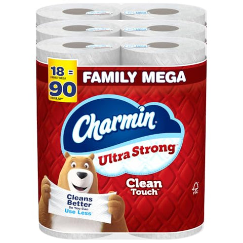 Charmin Toilet Paper Ultra Strong Clean Touch, 18 Family Mega Rolls = 90 Regular Rolls (Packaging May Vary), Household Essentials, Bathroom Essentials