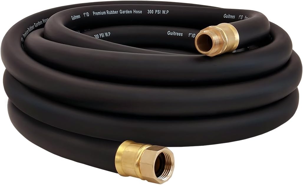 Guitrees 25FT ×1 inch Heavy Duty Rubber Garden Hose - 200psi Working, 1000psi Burst - Hot/Cold Water - Five-Layered Braiding for Durability - Versatile for Gardening, Agriculture, Construction(Black)