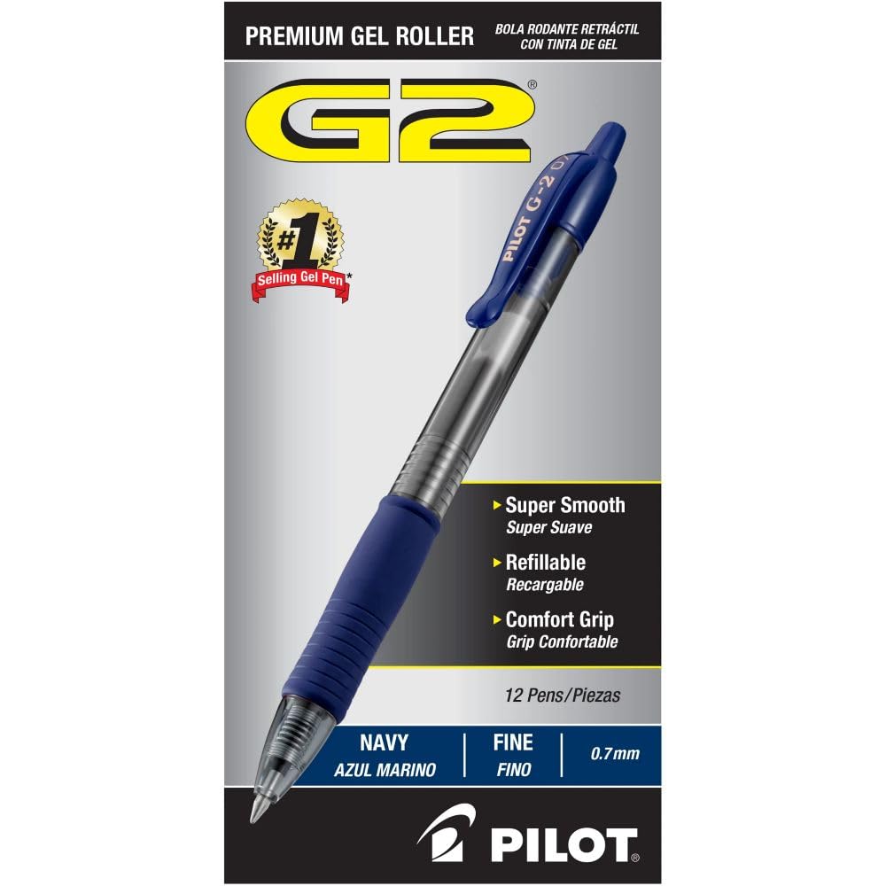 Pilot, G2 Premium Gel Roller Pens, Fine Point 0.7 mm, Navy Blue, Pack of 12