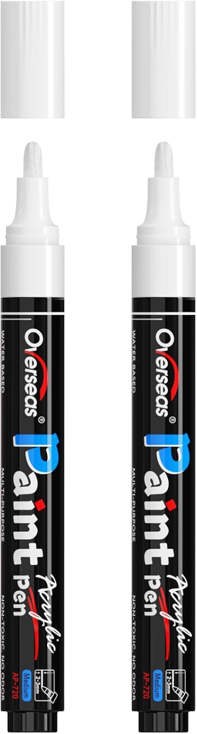 Overseas 2 Pack White Acrylic Paint Pens Permanent Markers, Medium Tip