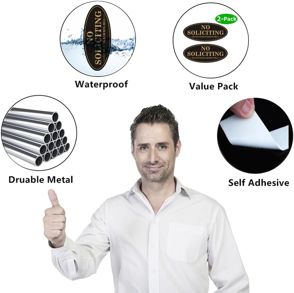 (2 Pack) No Soliciting Sign for House, Self Adhesive No Soliciting Sign for Front Door, No Solicitation Metal Sticker Signs for Home and Yard (Black/Golden, 7 x 3 inches, Do Not Knock or Ring Bell)