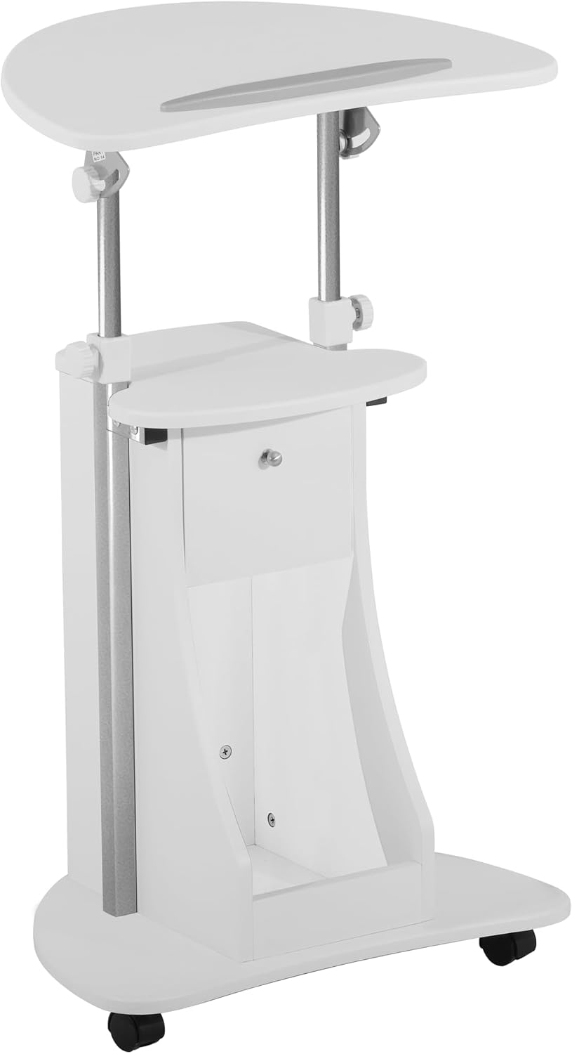 Techni Mobili Adjustable Height Rolling Laptop Cart with Storage, White