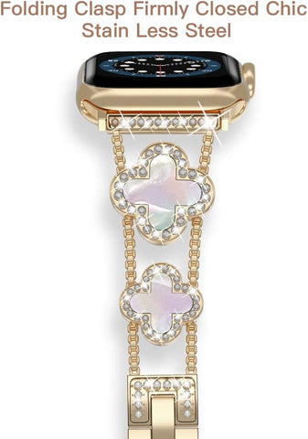 Musk-MSKR Diamond Metal Bands Add Sparkle to Your Watch For Apple Watch Series 11/10/9/8/7/6/5/4/3/2/SE/Ultra Clover Simple and Stylish Compatible with 38mm40mm41mm42mm44mm45mm 46mm49mm Women's Wear