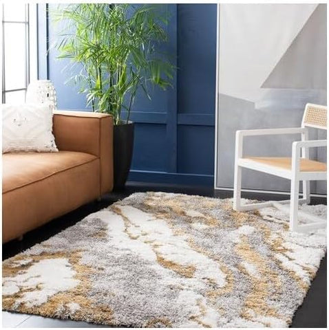 SAFAVIEH Horizon Shag Collection Accent Rug - 2' x 5', Grey & Gold, Non-Shedding & Easy Care, 2.6-inch Thick Ideal for High Traffic Areas in Entryway, Living Room, Bedroom (HZN890D)