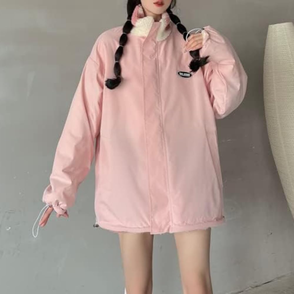 Sumleno Women's Fleece Sherpa Jackets Reversible Kawaii Heart Print Fuzzy Zip Up Cutecore Coats Aesthetic Y2k Gyaru Clothes
