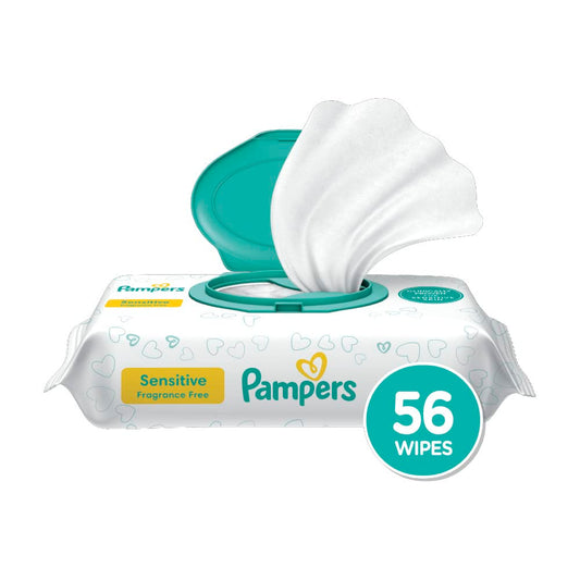 Pampers Sensitive Baby Wipes, Water Based, Hypoallergenic and Unscented, 1 Flip-Top (56 Wipes Total) [Packaging May Vary]