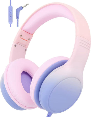 Over Ear Kids Headphones with HD Mic, Safe Volume Limited Wired Headphones for School, Travel, Stereo Sound Headphones with Cord, Foldable 3.5mm Headphones for iPad, Laptop, PC, Pink-Blue