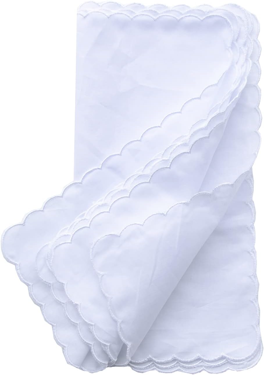 Bulk Pack Handkerchiefs Cotton Scalloped Hankies Pocket Square Towel White 11 Inches
