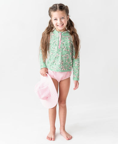 RuffleButts Girls Zipper Long Sleeve - Rash Guard 2-Piece Swimsuit UPF 50+