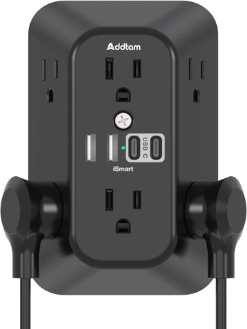 Addtam 6-Outlet Extender Surge Protector, Multi Plug Wall Outlet with 4 USB Wall Charger(2 USB C Ports), Plug Extension Outlet with 1800J, Outlet Splitter Power Strip for Home Office, Black