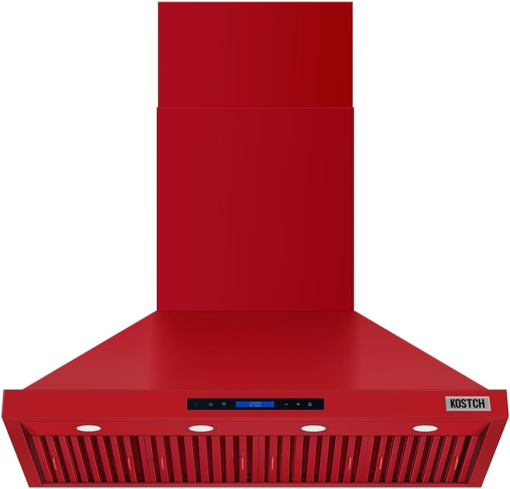 KOSTCH 48 inch Convertible Ducted Wall-Mounted Range Hood, 1200 CFM Kitchen Vent Hood with Touchscreen Control Panel, 3 Speed Exhaust Fan & LED Light, in Stainless Steel (Red)