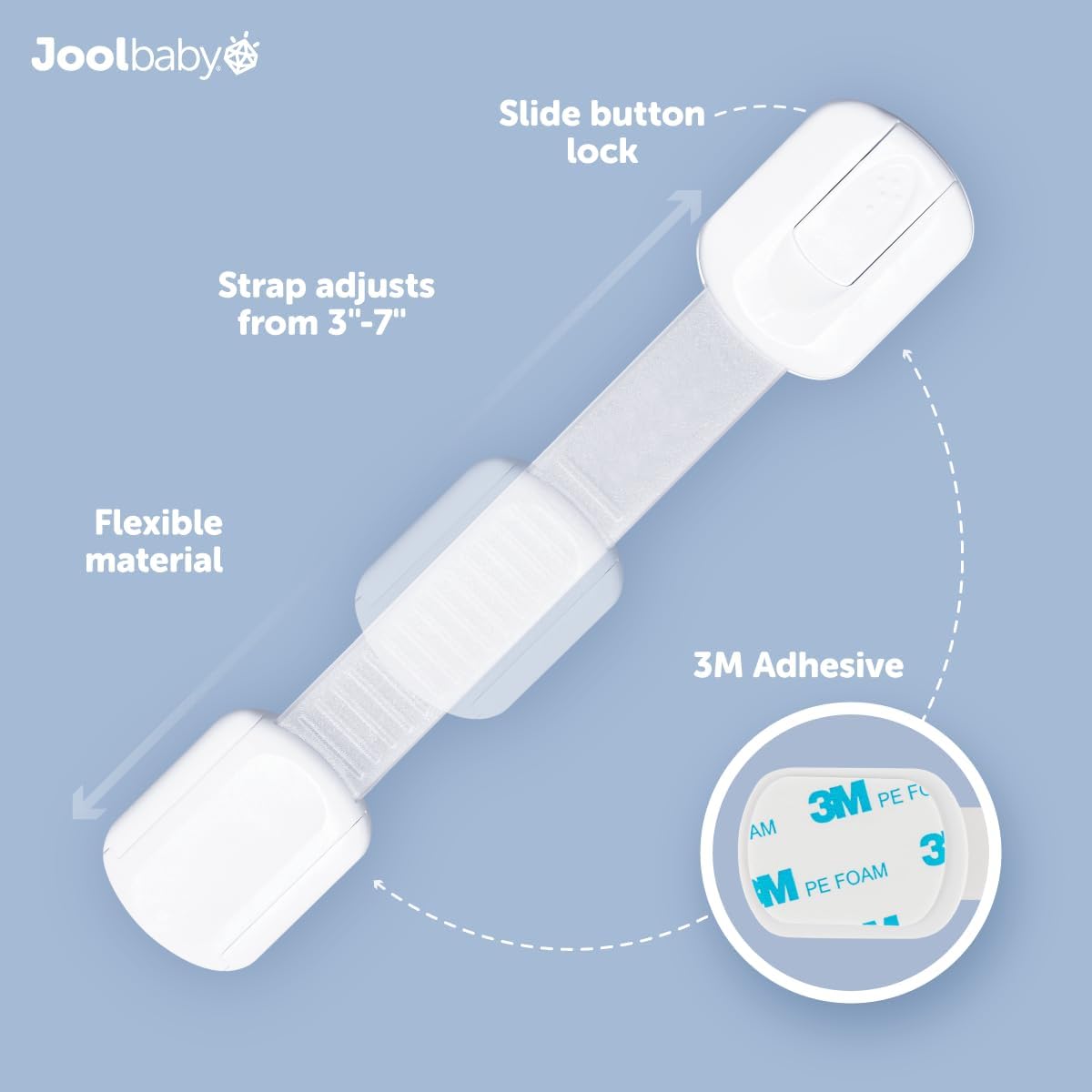Jool Baby Child Safety Strap Locks (4 Pack) Baby Proof Cabinets, Drawers, Fridge, Toilet & Trash Cans – 3M Adhesive Childproof Locks