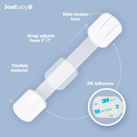 Jool Baby Child Safety Strap Locks (4 Pack) Baby Proof Cabinets, Drawers, Fridge, Toilet & Trash Cans – 3M Adhesive Childproof Locks
