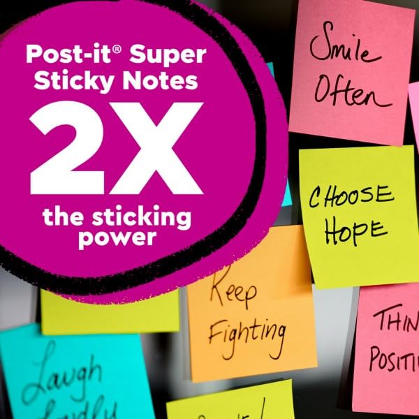 Post-it Super Sticky Notes, 3x3 in, 24 Pads, 2x the Sticking Power,Energy Boost Collection, Bright Colors (Orange, Pink, Blue, Green), Recyclable