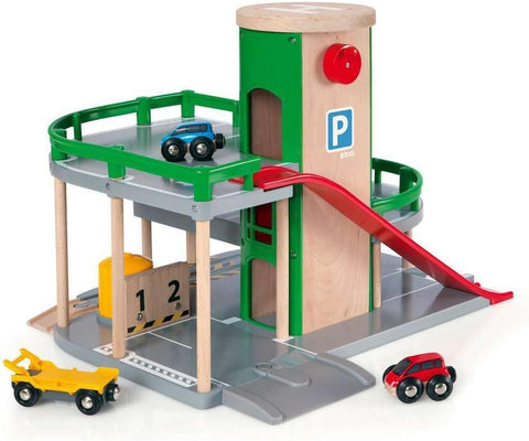 BRIO World Parking Garage - 7-Piece Wooden Toy Garage with 2 Cars, 1 Transporter Wagon, and Wooden Ramp Tracks - Works with All BRIO Train Sets - FSC-Certified - Sparks Creativity & Fun - Ages 3 & Up