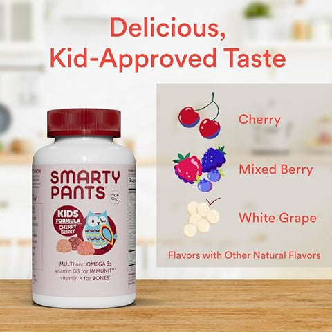 SmartyPants Kids Multivitamin Gummies: Omega 3 Fish Oil (EPA/DHA), Vitamin D3, C, Vitamin B12, B6, Vitamin A, K & Zinc for Immune Support, Grape, Cherry & Berry Flavors, 120 Count (30 Day Supply)